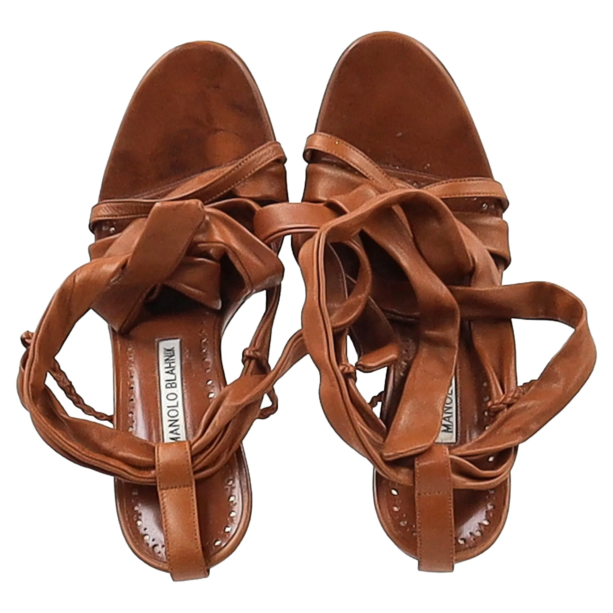 Manolo Blahnik Tor 105 Ankle Tie Sandals in Brown Leather