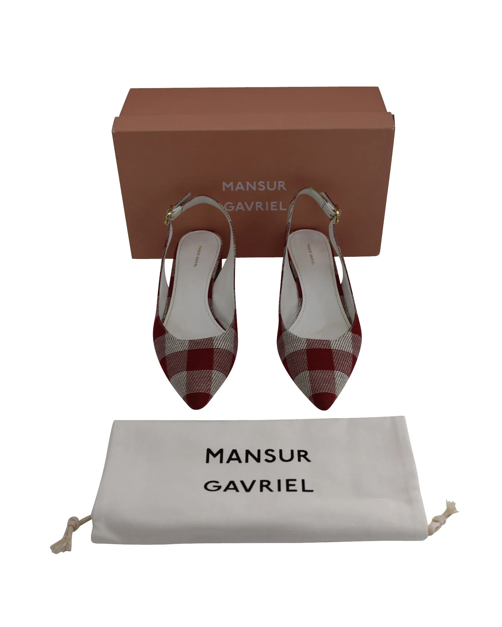 Mansur Gavriel Check Slingback Pointed Pumps in Red Canvas