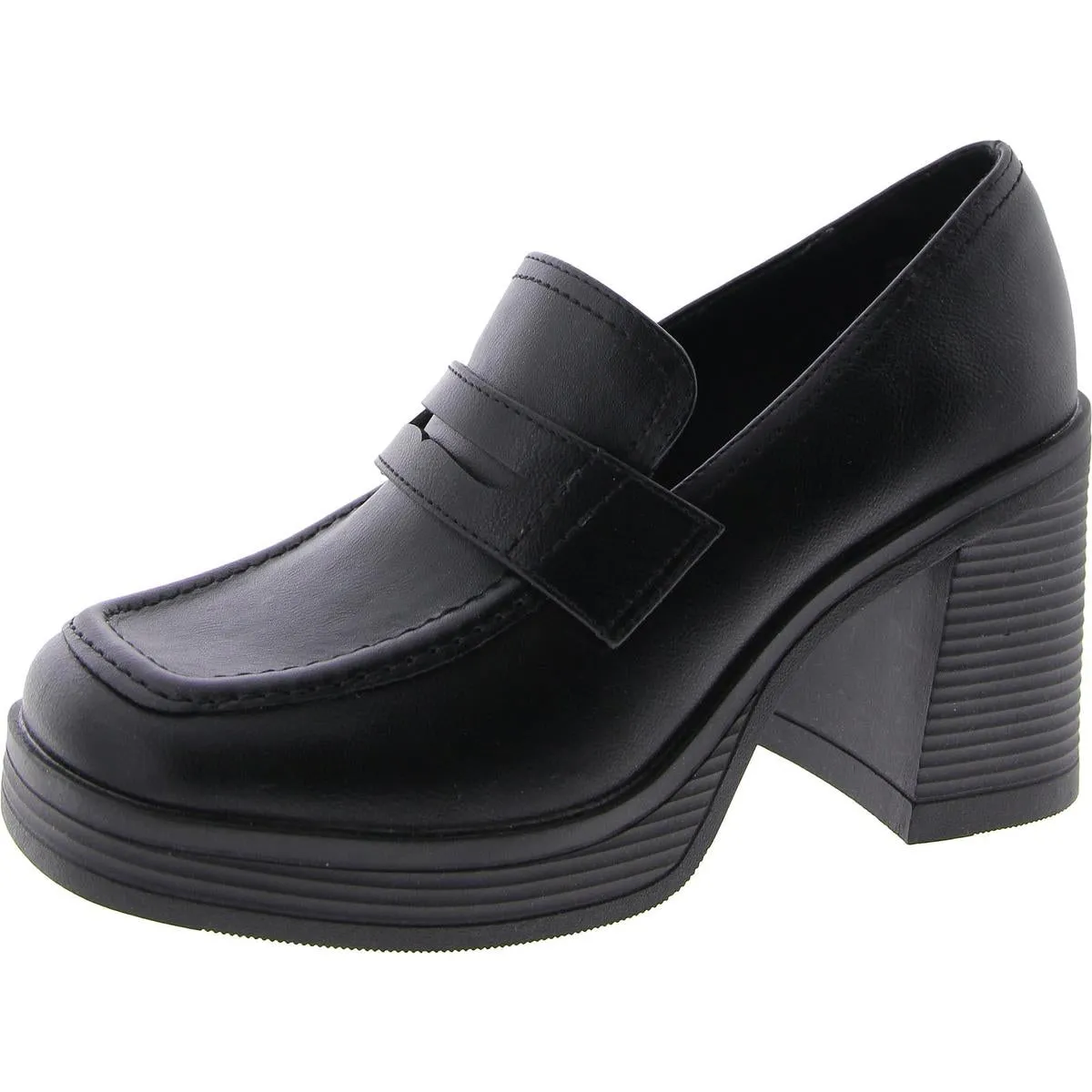 Natalia Womens Faux Leather Square Toe Loafer Heels