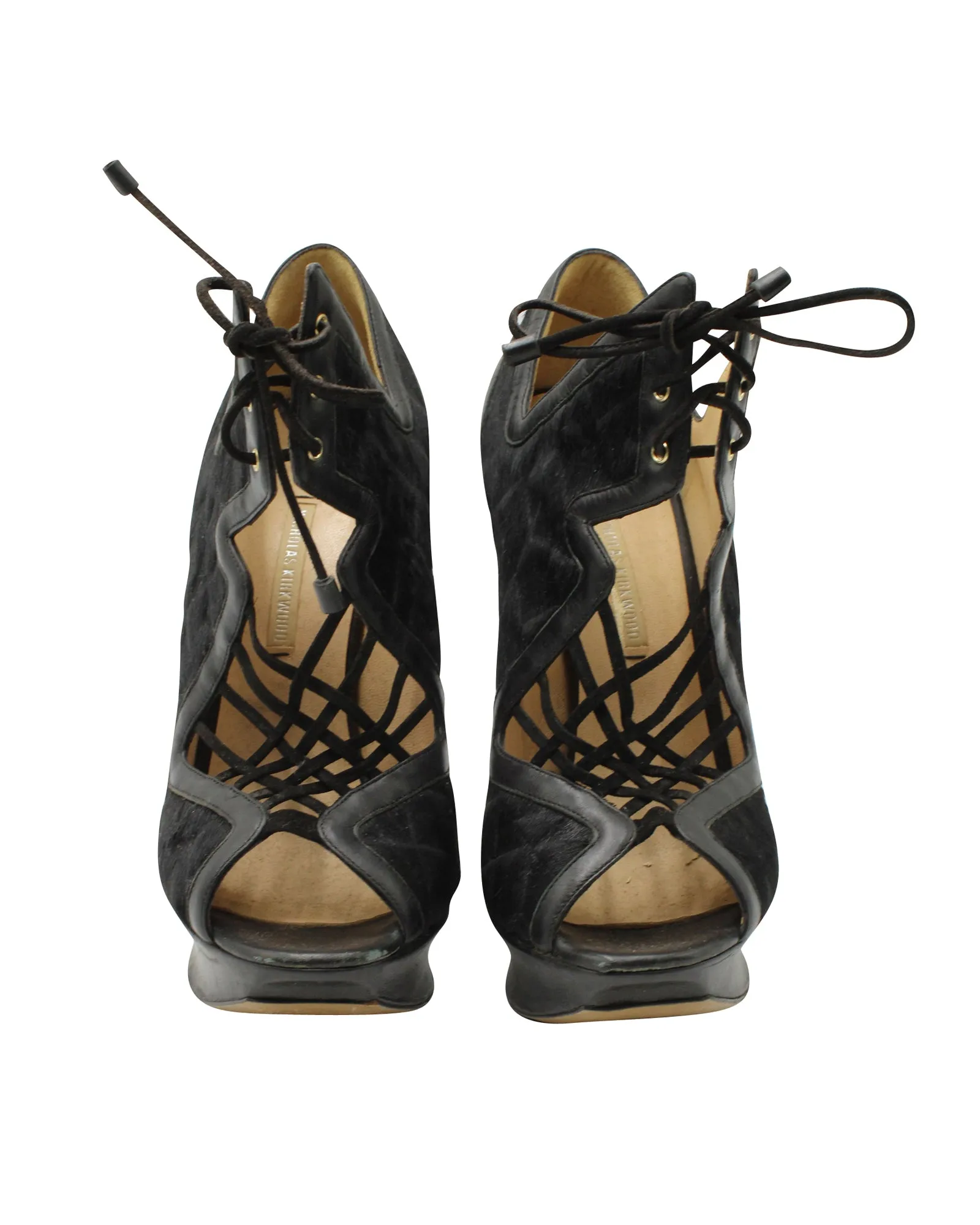 Nicholas Kirkwood Caged Lace Up Heeled Sandals in Black Pony Hair