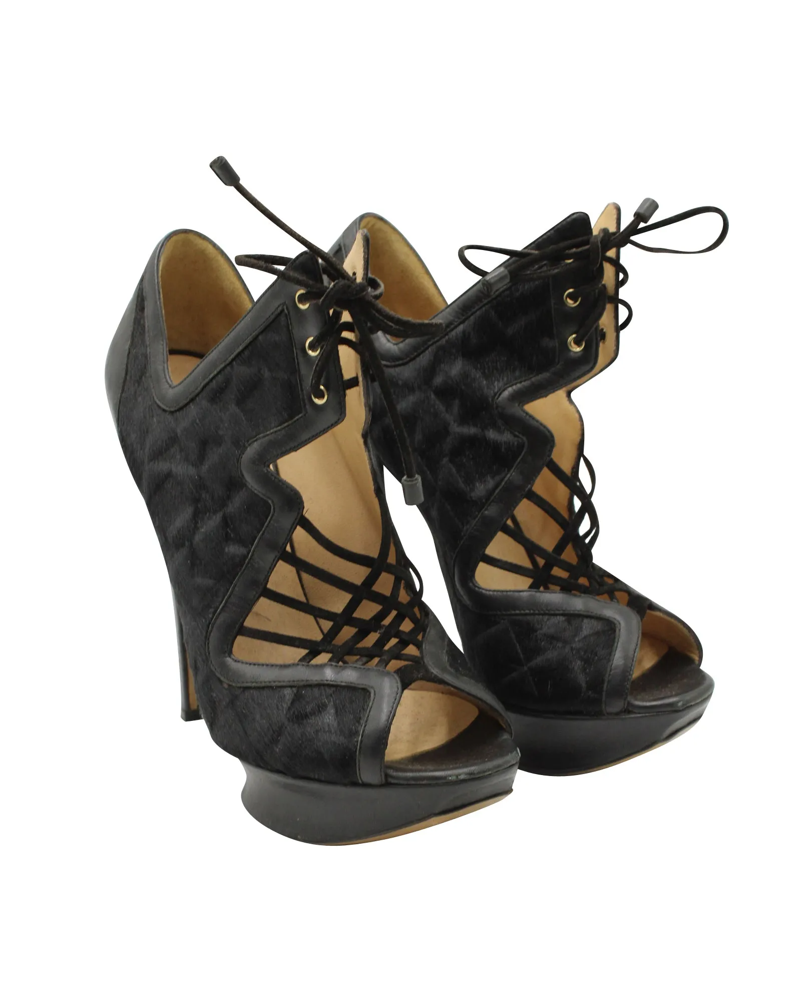 Nicholas Kirkwood Caged Lace Up Heeled Sandals in Black Pony Hair