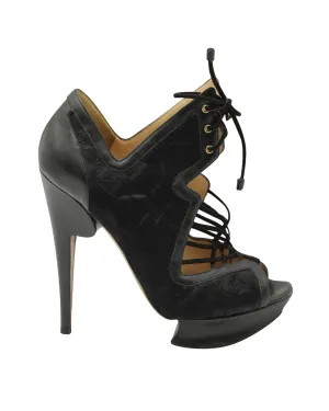 Nicholas Kirkwood Caged Lace Up Heeled Sandals in Black Pony Hair