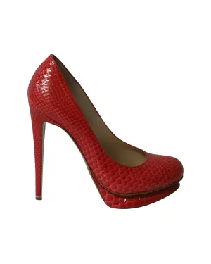 Nicholas Kirkwood Snakeskin Embossed Platform High Heel Pumps in Red Patent Leather