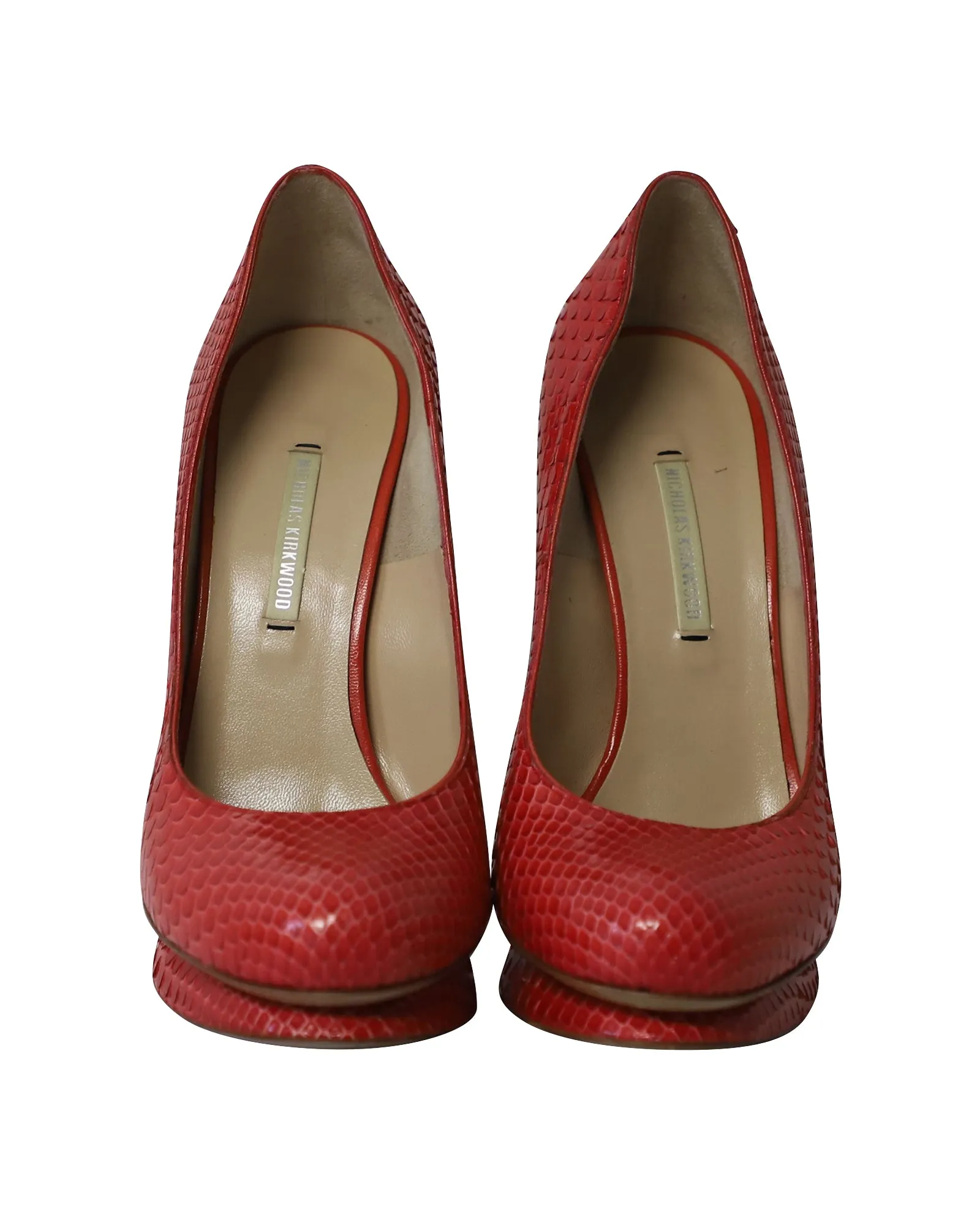 Nicholas Kirkwood Snakeskin Embossed Platform High Heel Pumps in Red Patent Leather