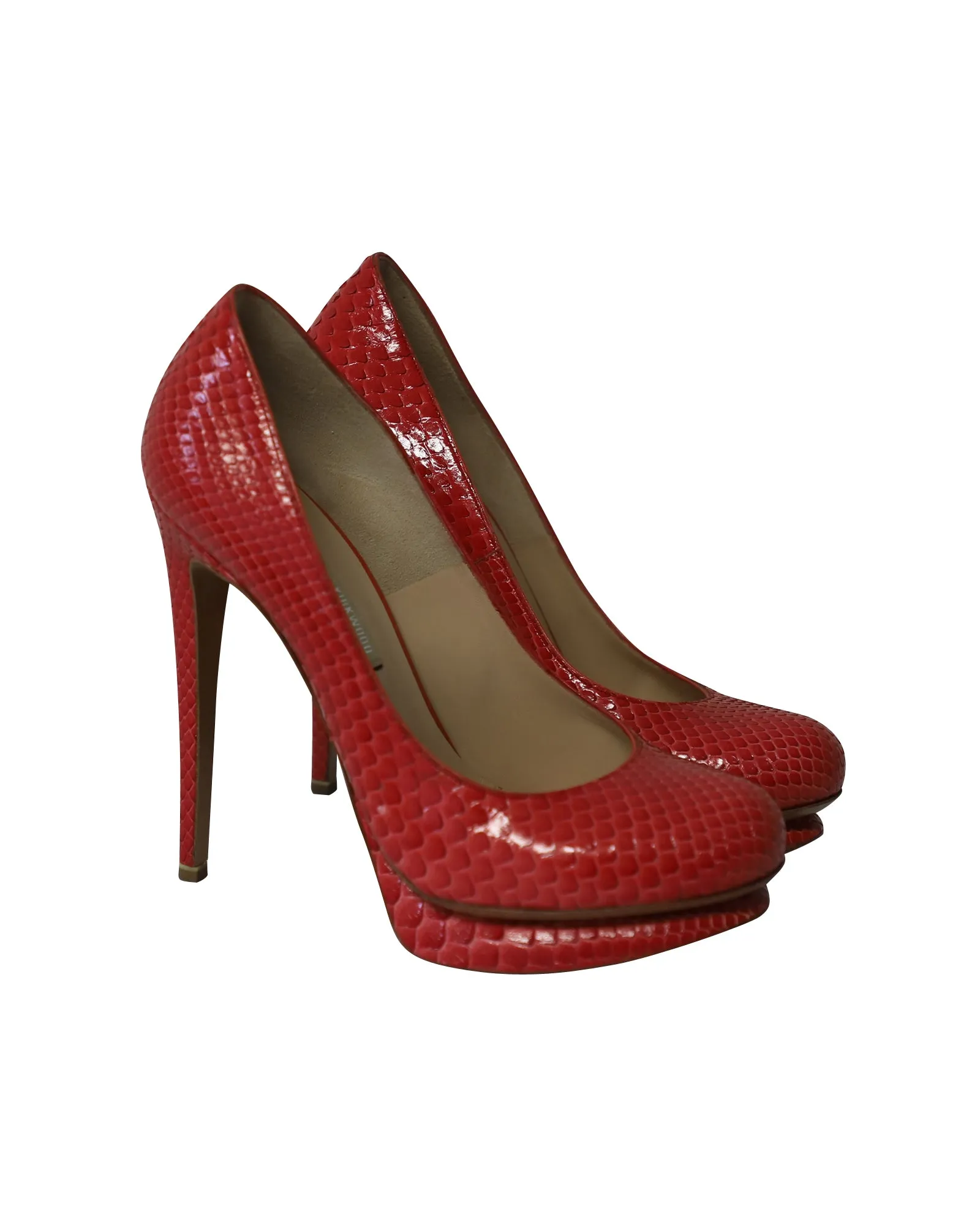 Nicholas Kirkwood Snakeskin Embossed Platform High Heel Pumps in Red Patent Leather