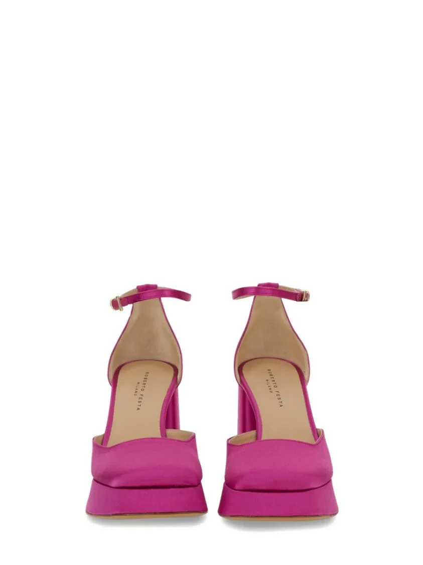 Nicla" Silk Heels With Ankle Strap And Block Heel