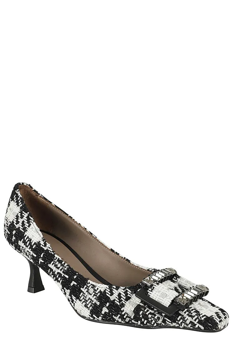 Pointed-Toe Pumps With Rhinestone Detailing In Tweed