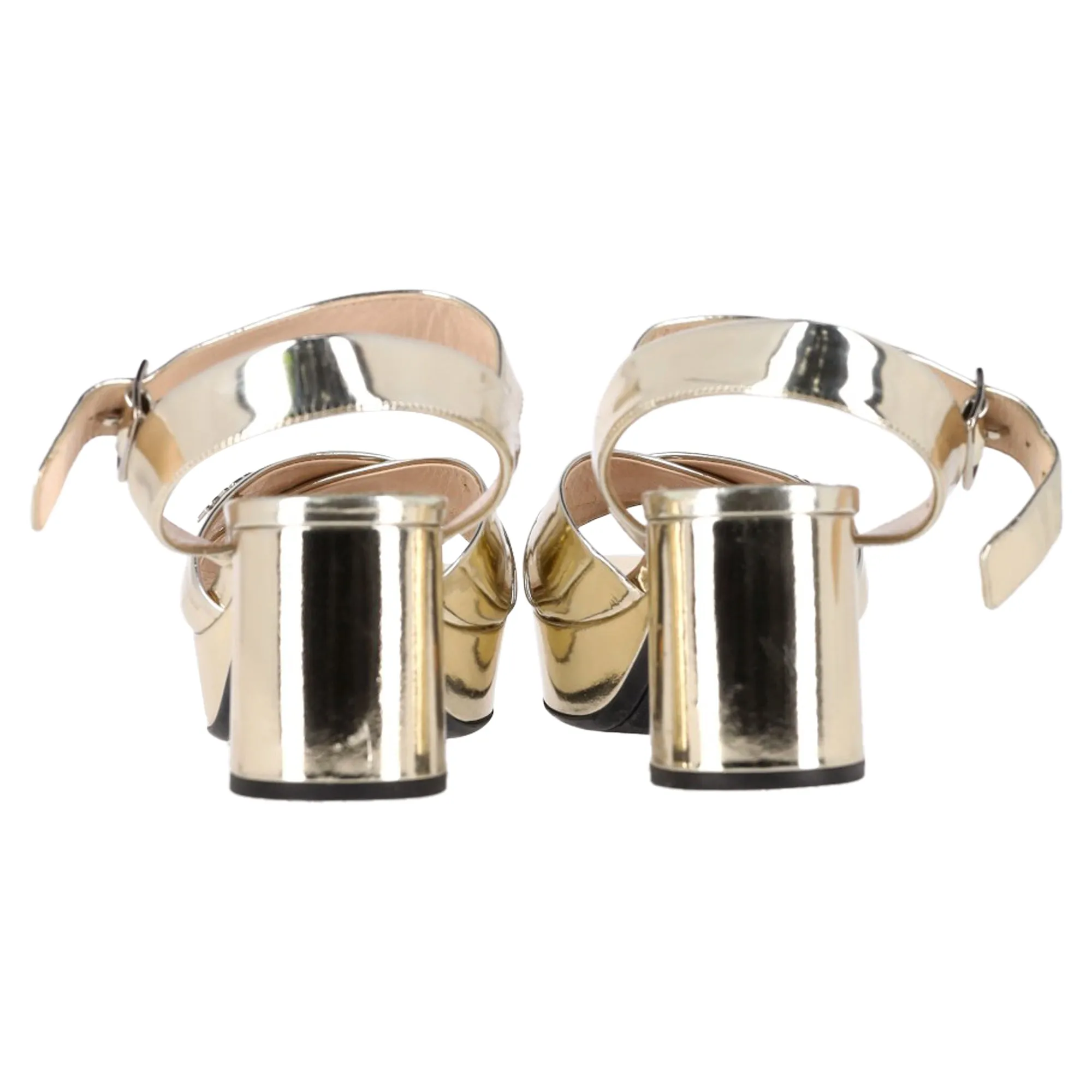 Prada Logo Platform Sandal Heels in Gold Leather