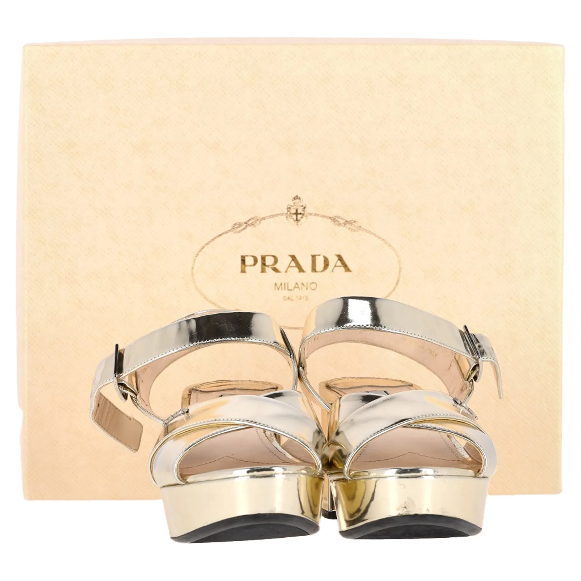 Prada Logo Platform Sandal Heels in Gold Leather