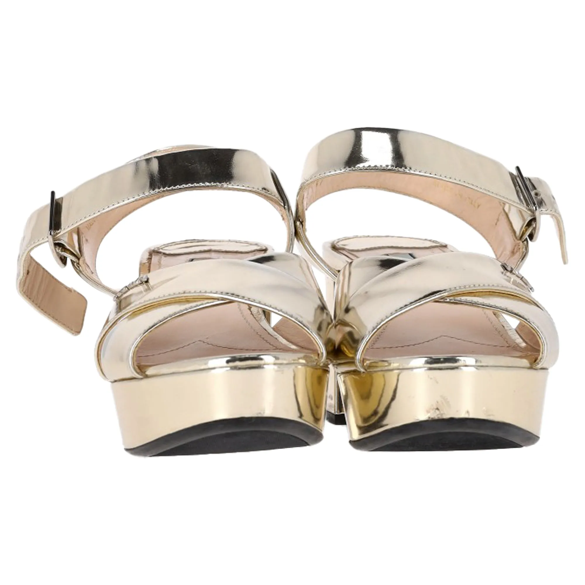 Prada Logo Platform Sandal Heels in Gold Leather