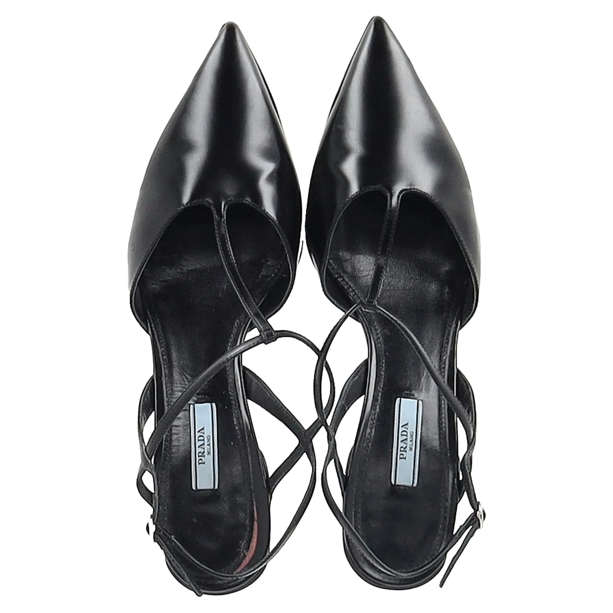 Prada Spazzolato Pointed Toe T-Strap Slingback Pumps in Black Leather