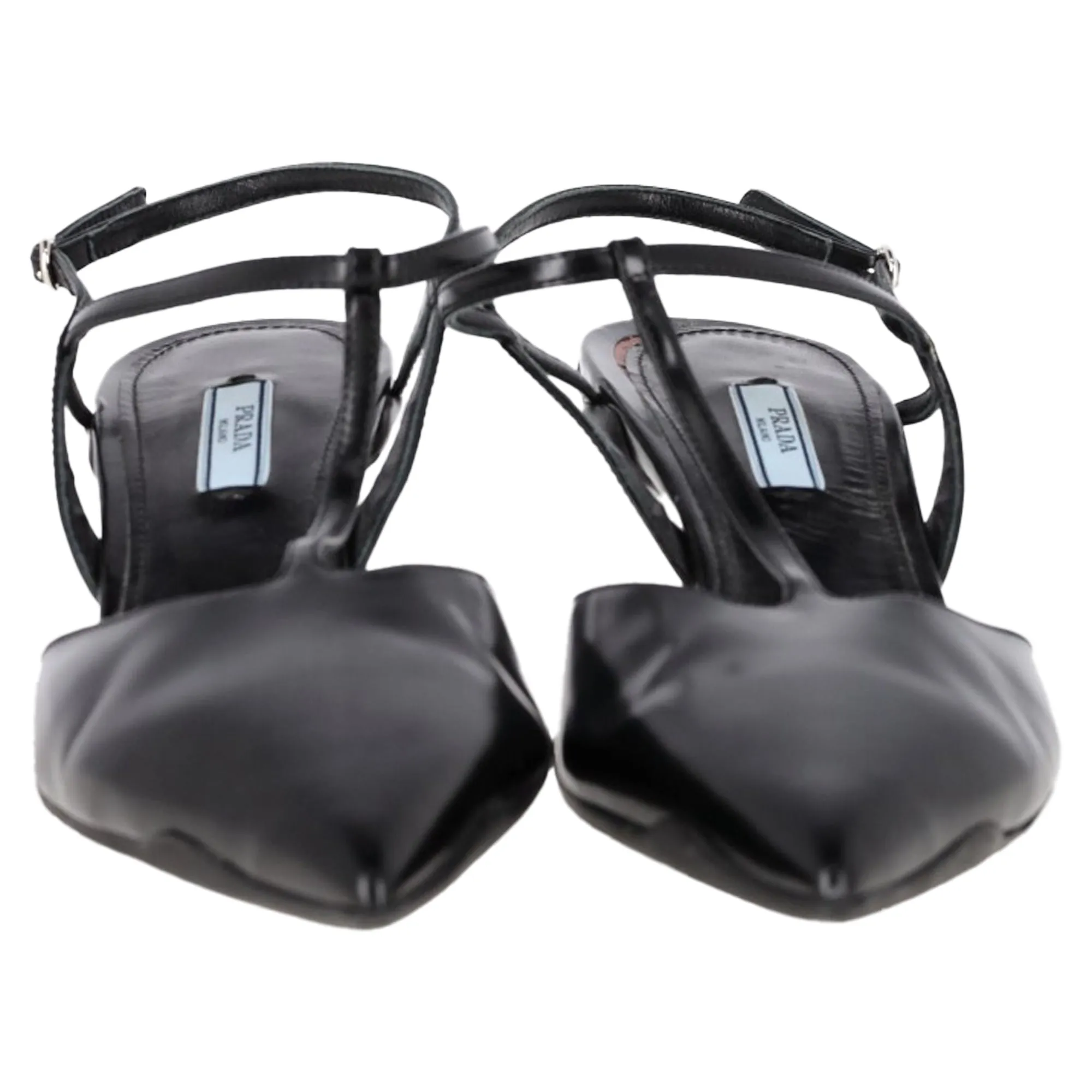 Prada Spazzolato Pointed Toe T-Strap Slingback Pumps in Black Leather