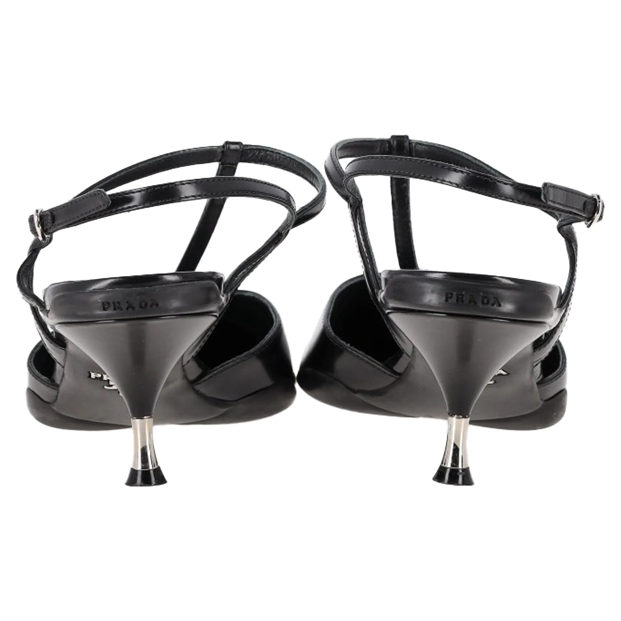 Prada Spazzolato Pointed Toe T-Strap Slingback Pumps in Black Leather