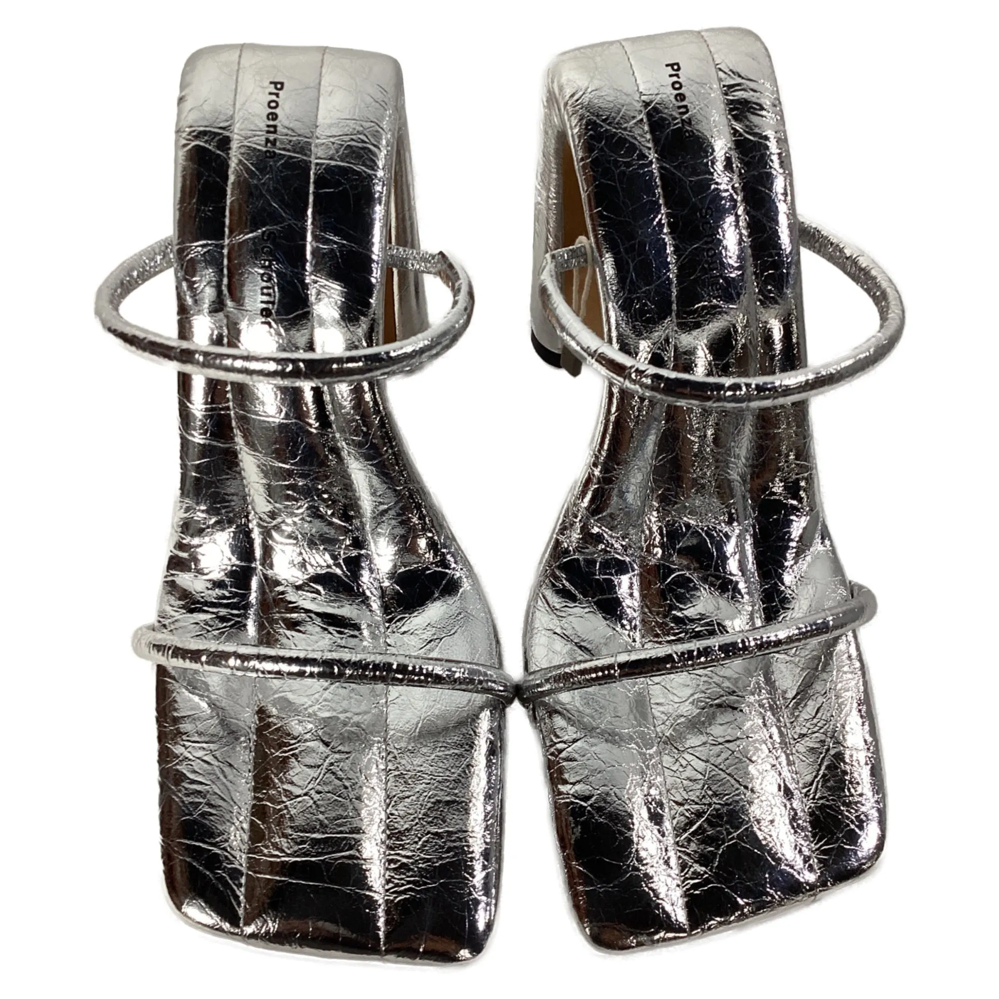 Proenza Schouler Metallic Arc Strappy Slides in Silver Leather