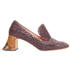 Rochas glitter scaled leather sculpted heel loafers