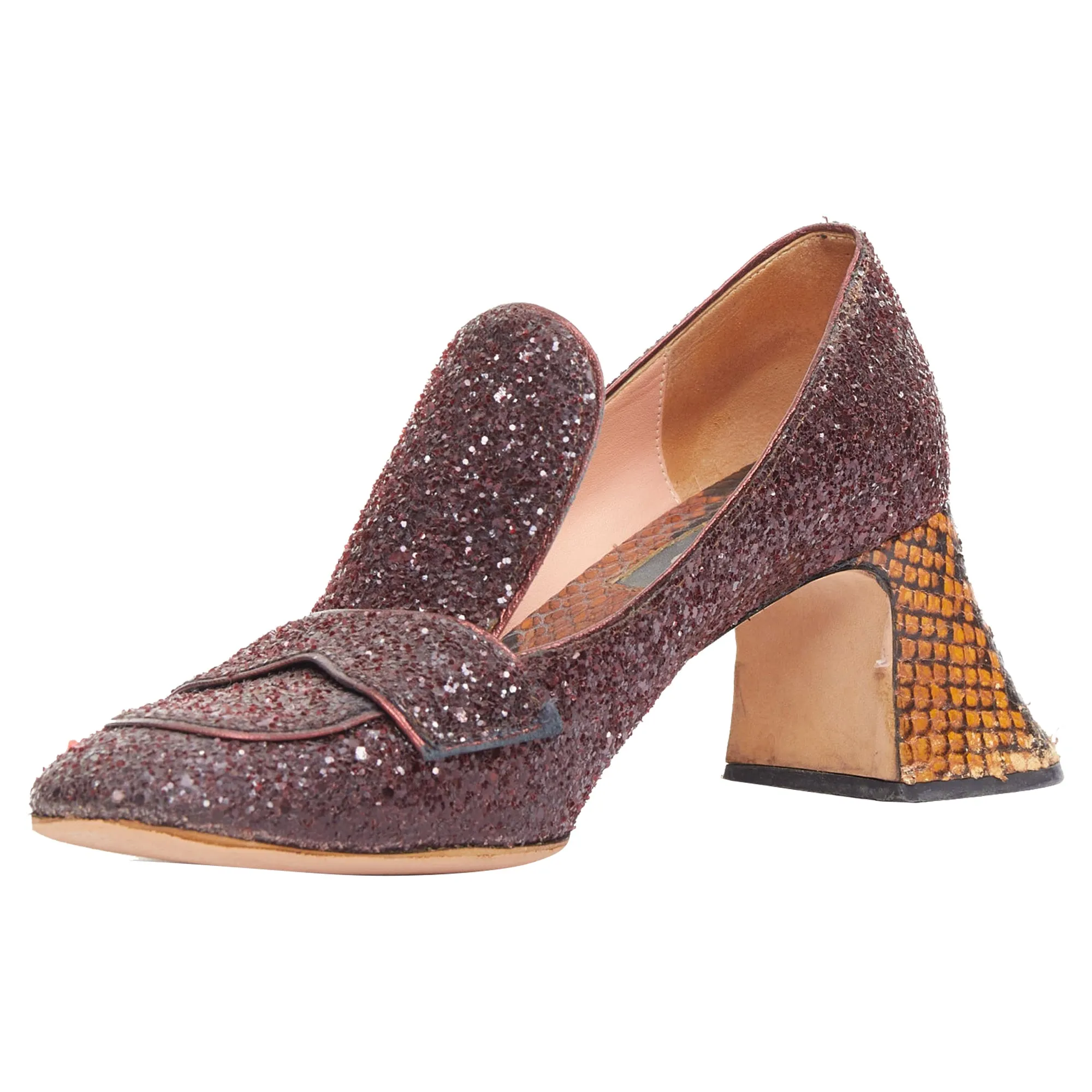 Rochas glitter scaled leather sculpted heel loafers
