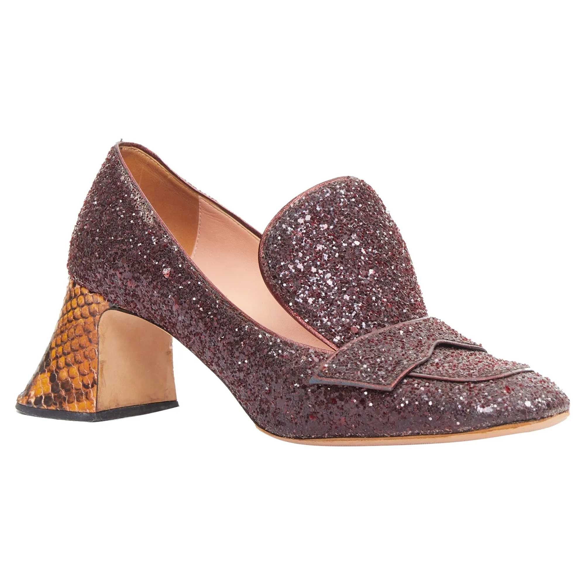 Rochas glitter scaled leather sculpted heel loafers