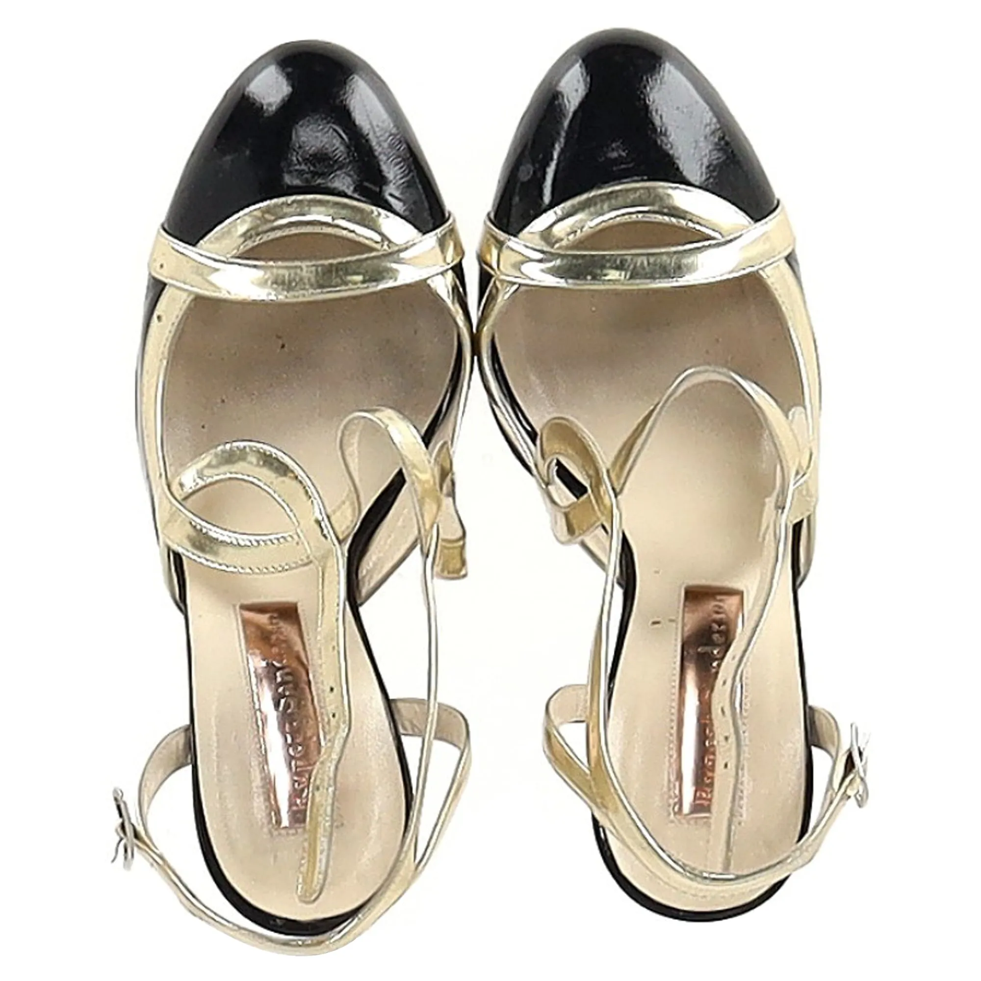 Rupert Sanderson Round-Toe Slingback Pumps in Black and Gold Leather