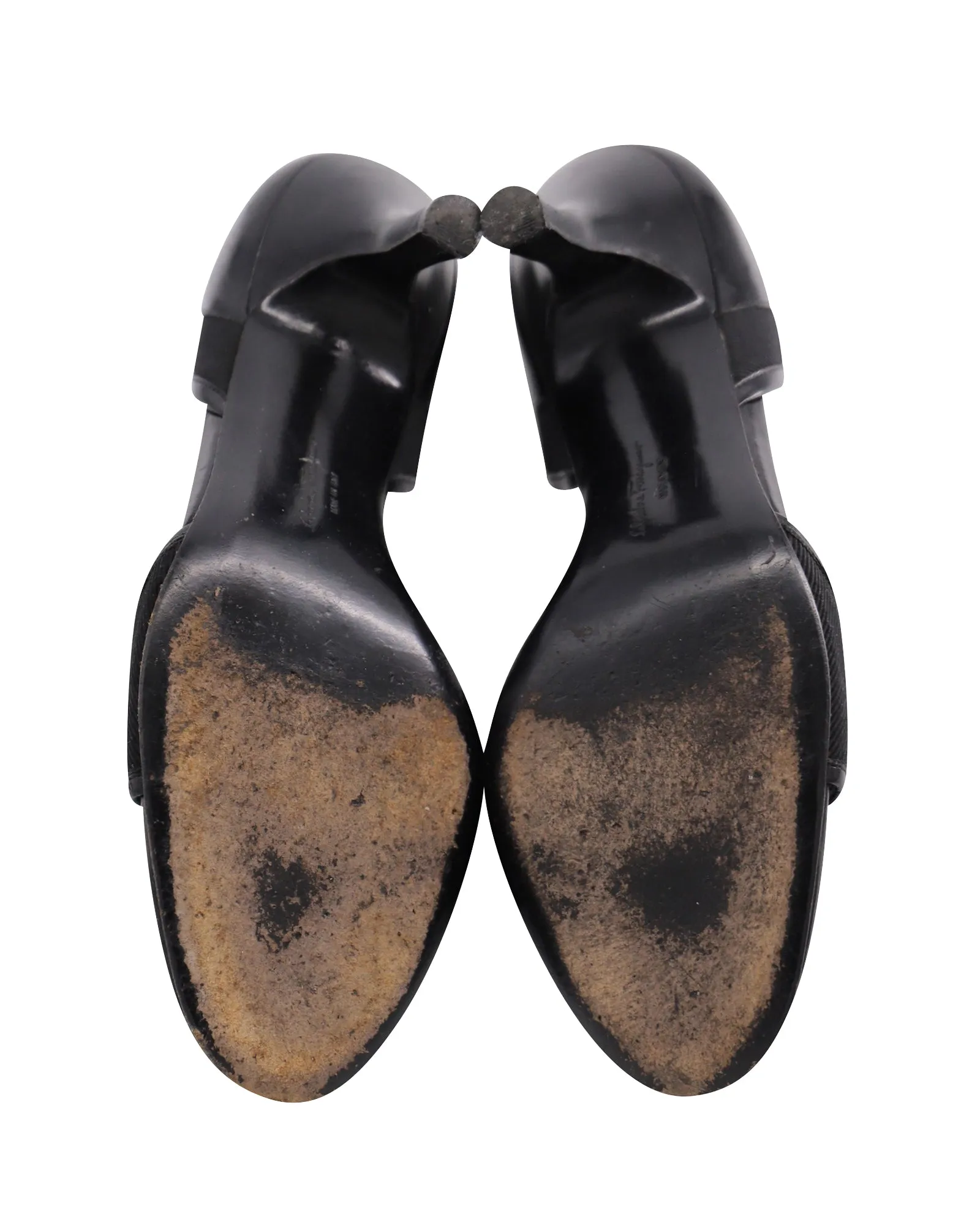 Salvatore Ferragamo Open Toe Mid Heel Pumps in Black Leather
