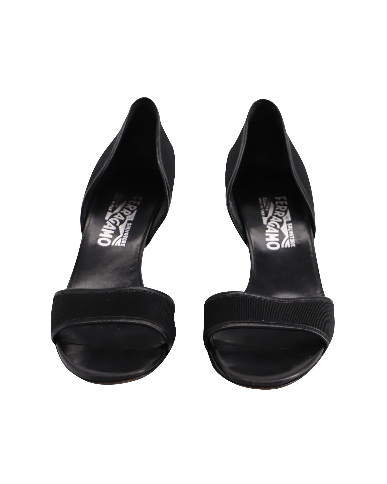 Salvatore Ferragamo Open Toe Mid Heel Pumps in Black Leather