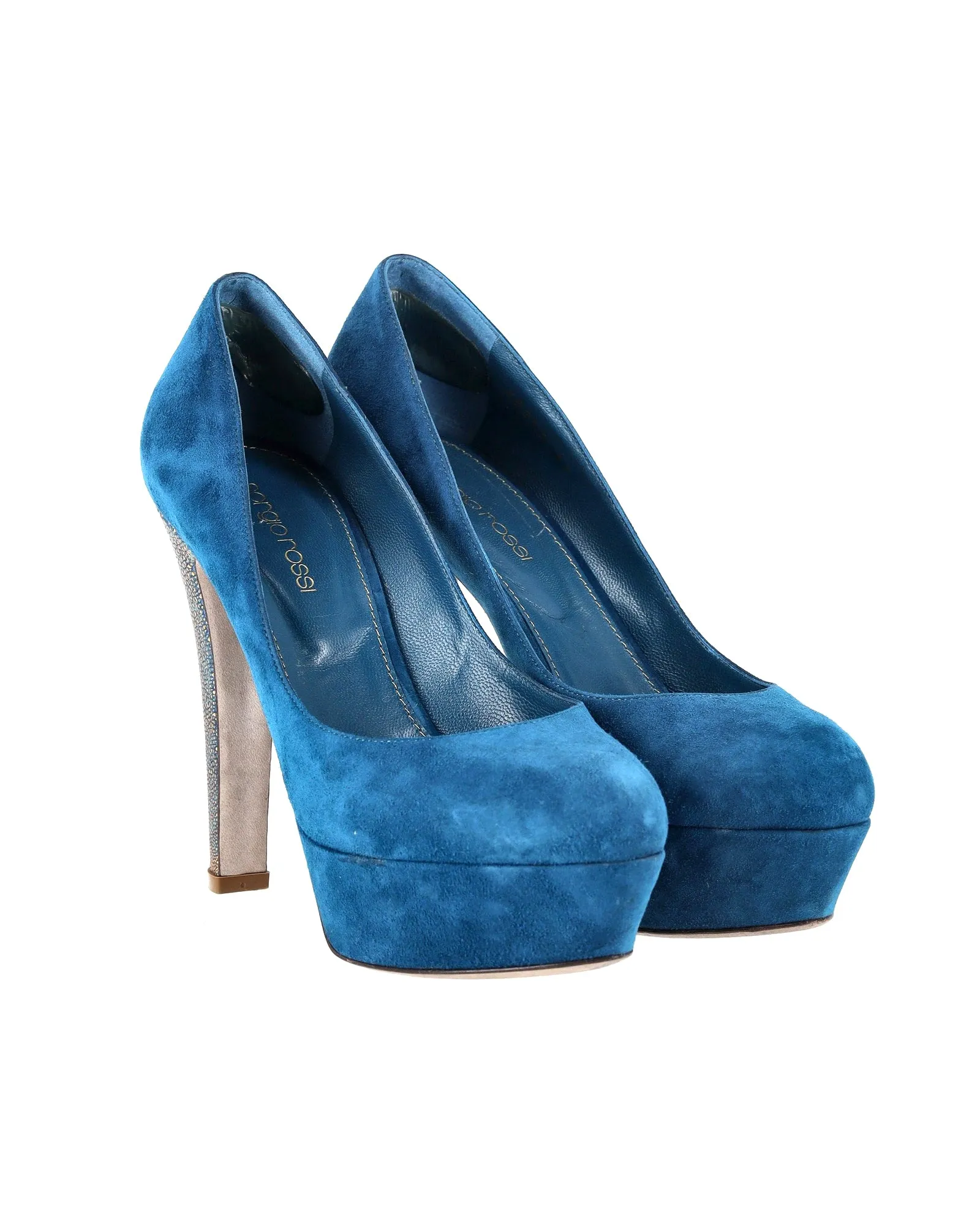 Sergio Rossi Accent Heel Pumps in Blue Suede