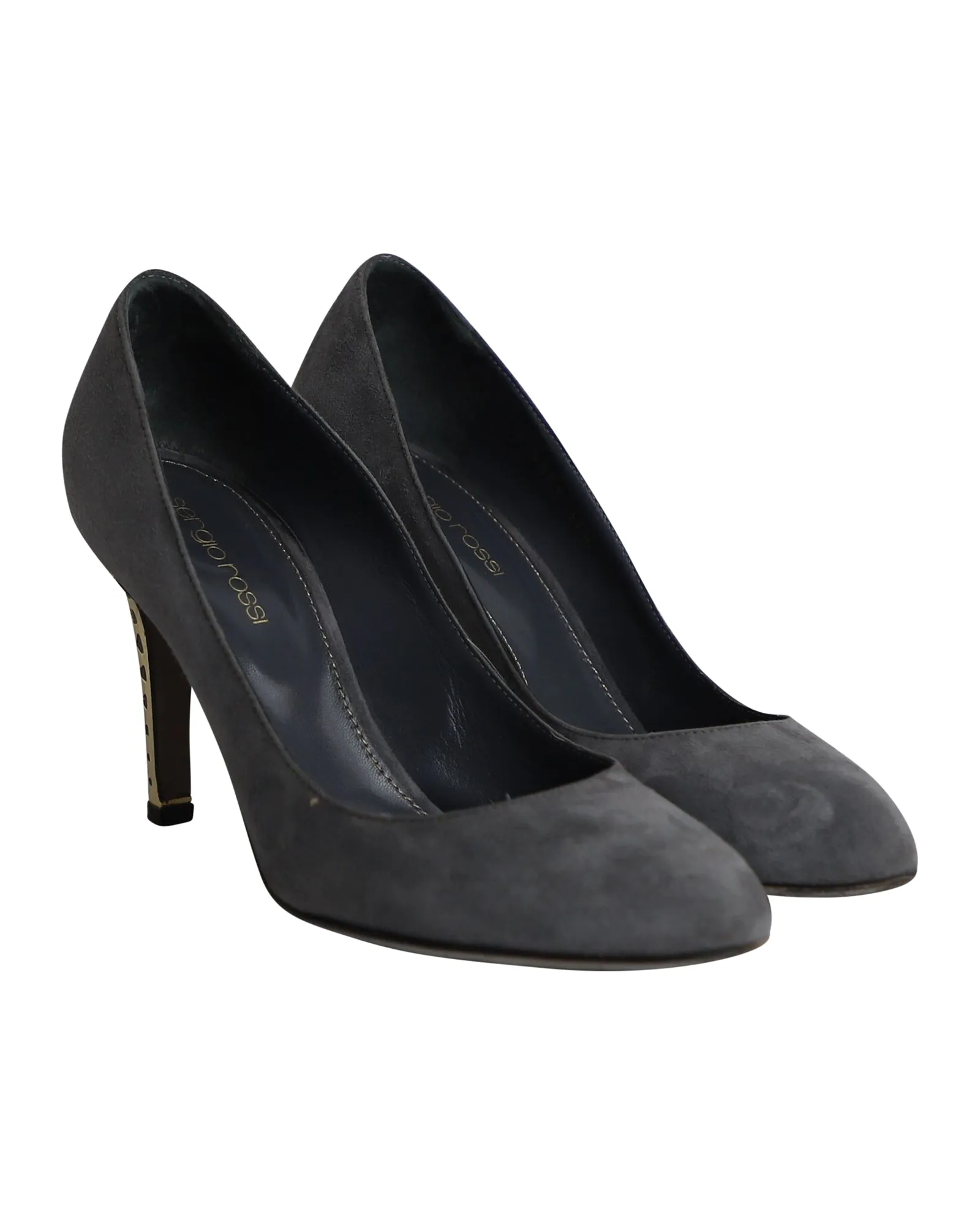 Sergio Rossi Gold Heel Pumps in Grey Suede