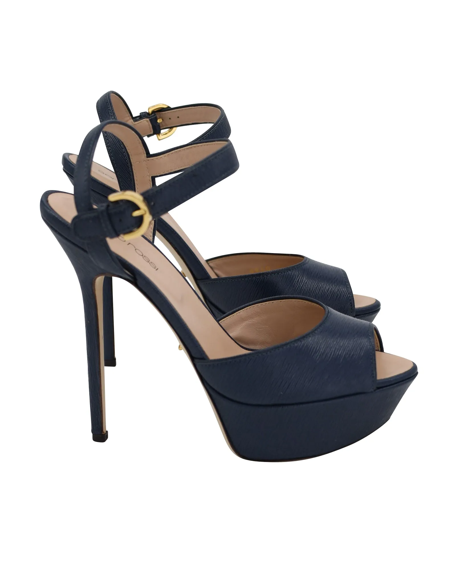 Sergio Rossi Peep-toe Platform Sandals in Navy Blue Patent Calf Leather