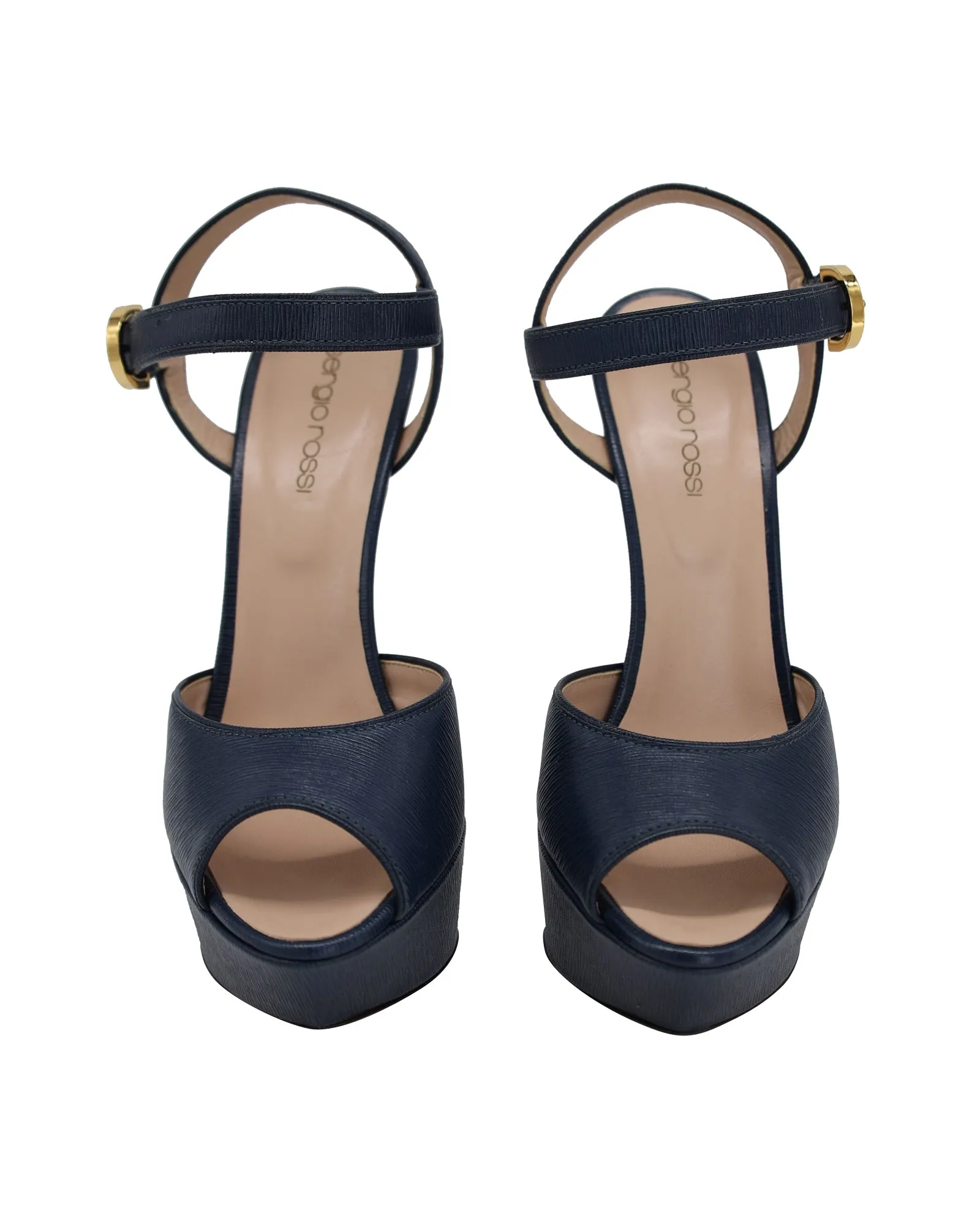 Sergio Rossi Peep-toe Platform Sandals in Navy Blue Patent Calf Leather