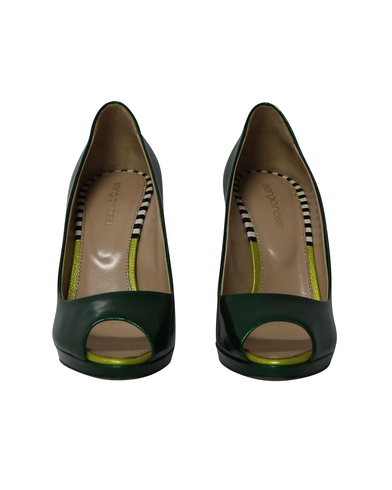 Sergio Rossi Peep Toe Pumps in Green Patent Leather
