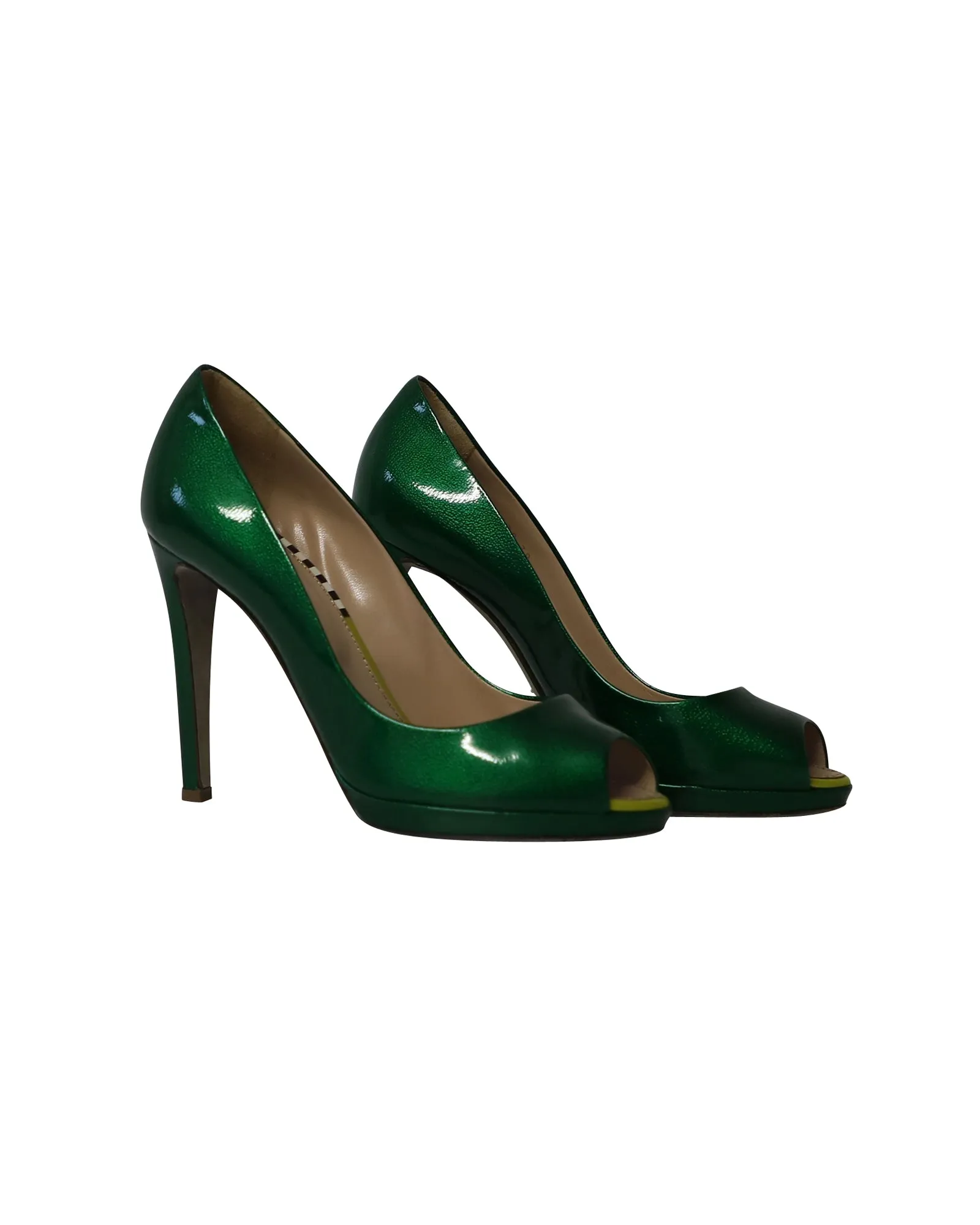 Sergio Rossi Peep Toe Pumps in Green Patent Leather