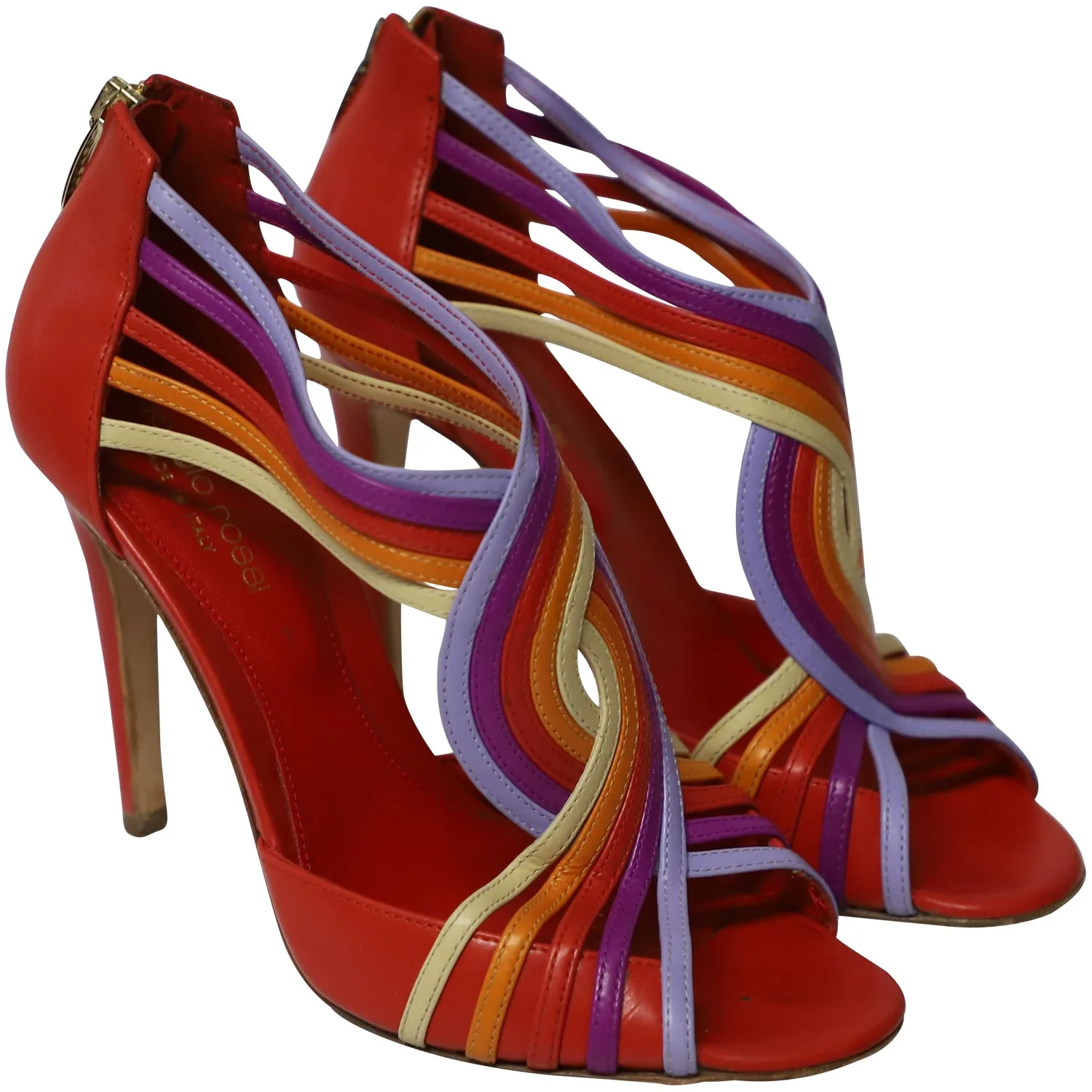 Sergio Rossi Peep Toe Zip Back Heels in Multicolor Leather