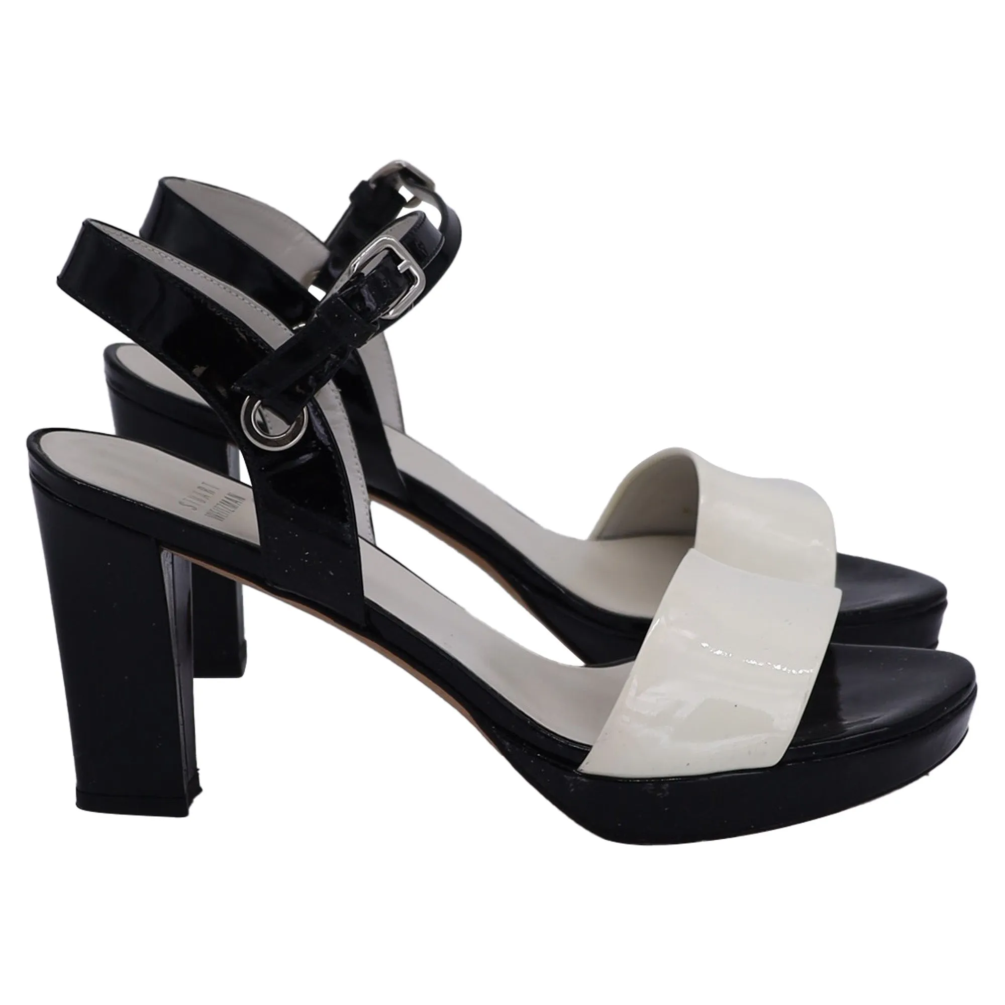 Stuart Weitzman Ankle Strap Bi-Color Sandals in Black and White Leather