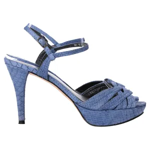 Stuart Weitzman Crocodile-Embossed Platform Sandal Heels in Blue Leather