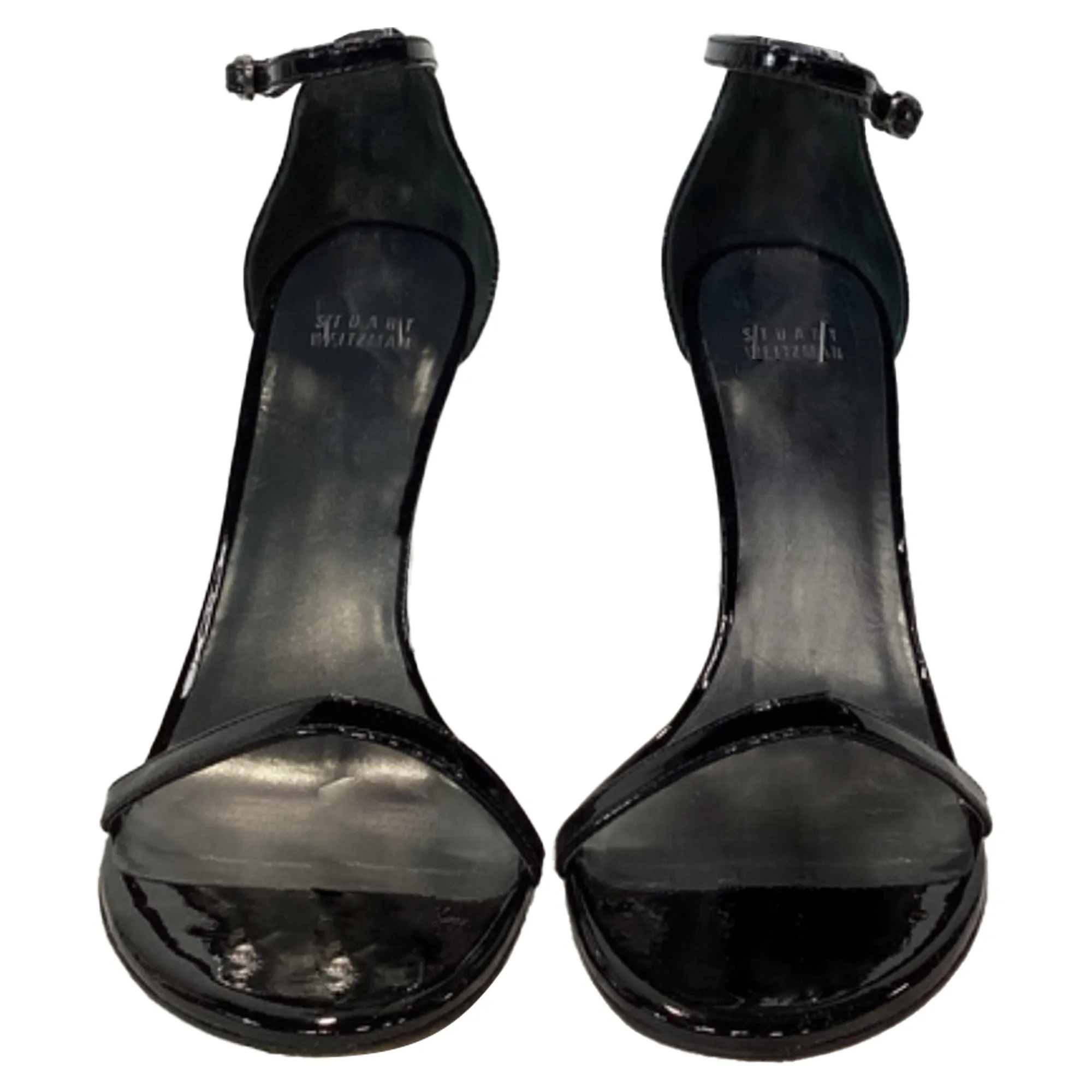 Stuart Weitzman Nudistsong High-Heeled Ankle Strap Sandals in Black Patent Leather