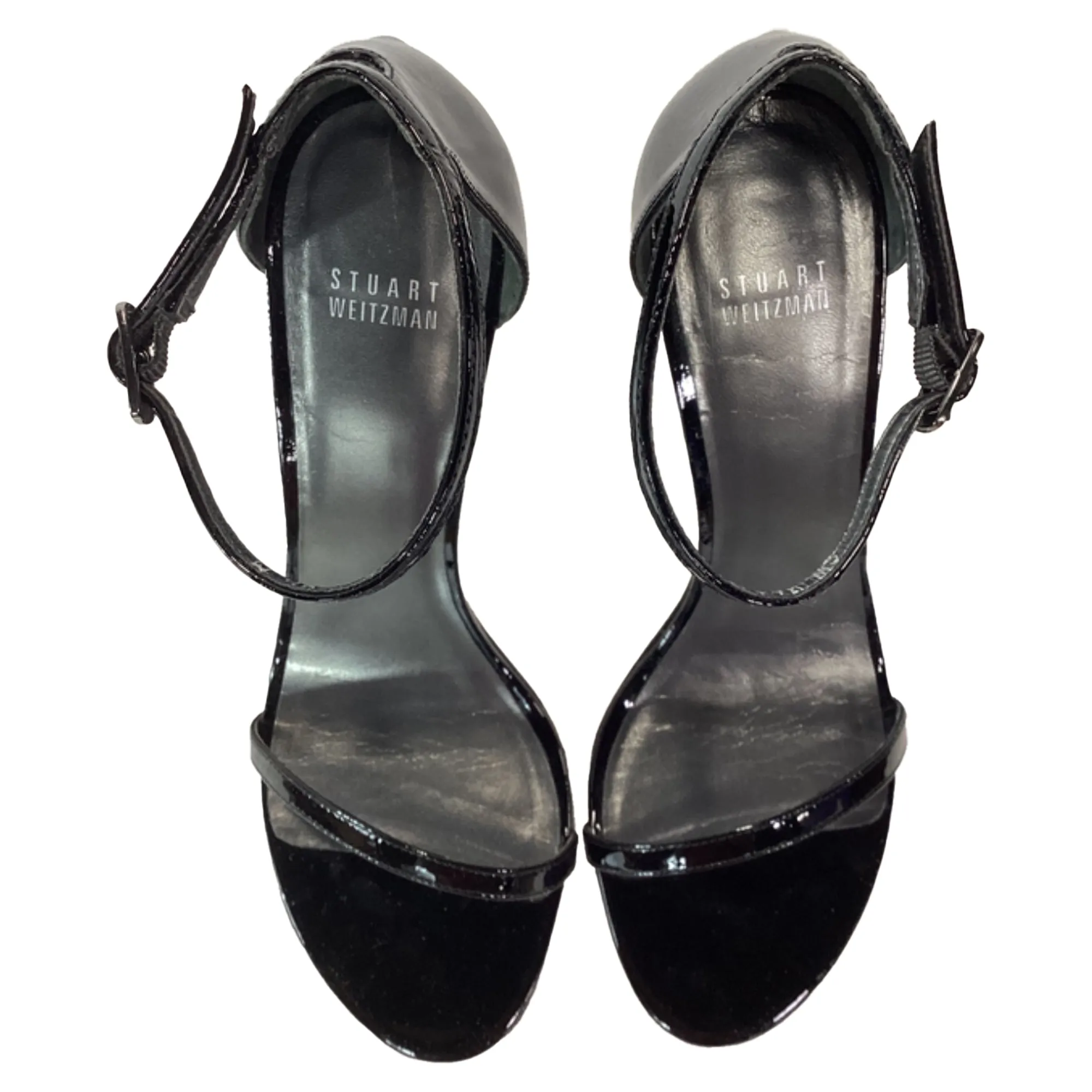 Stuart Weitzman Nudistsong High-Heeled Ankle Strap Sandals in Black Patent Leather