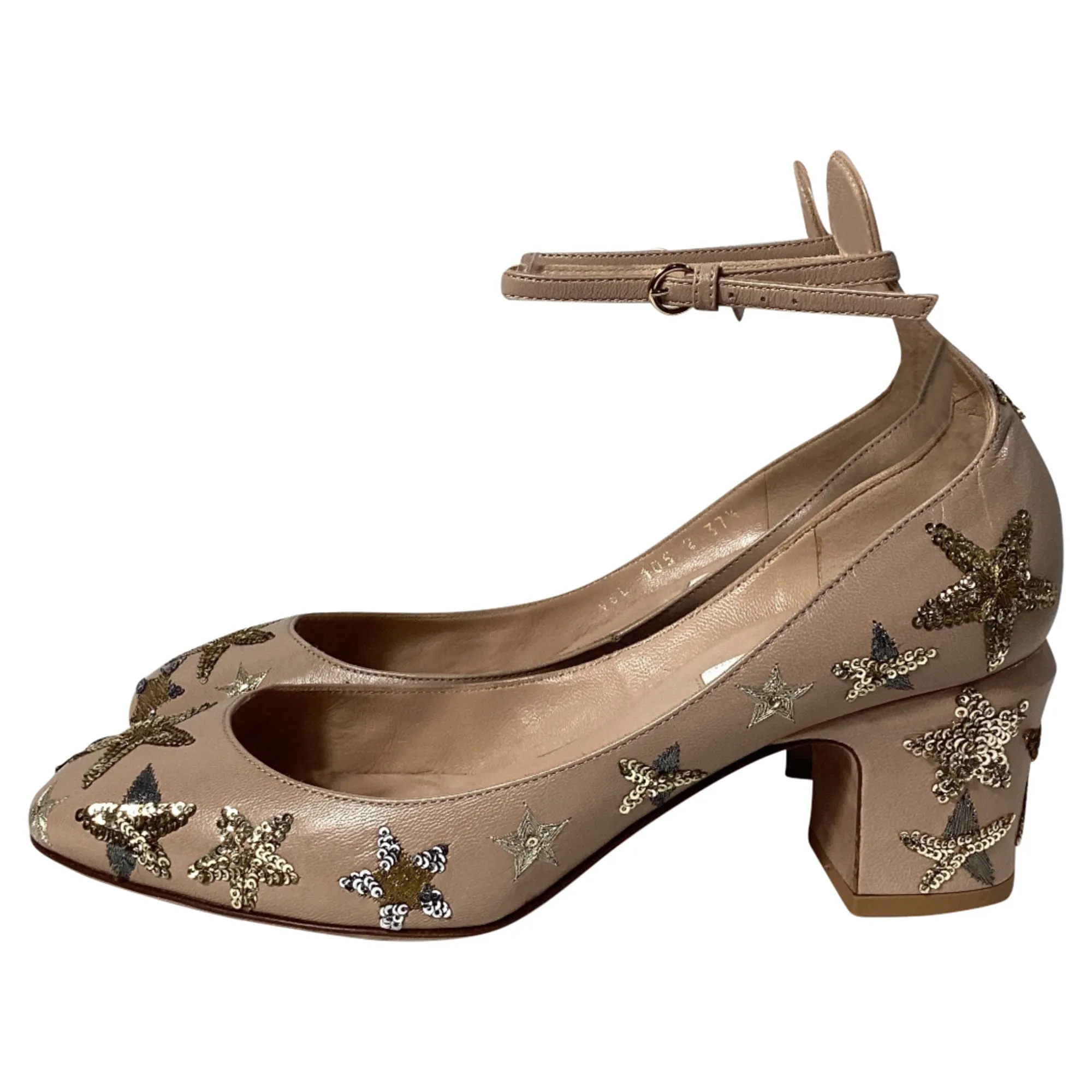Valentino Tango Star-Studded Ankle-Strap Block Heel Pumps in Beige Leather