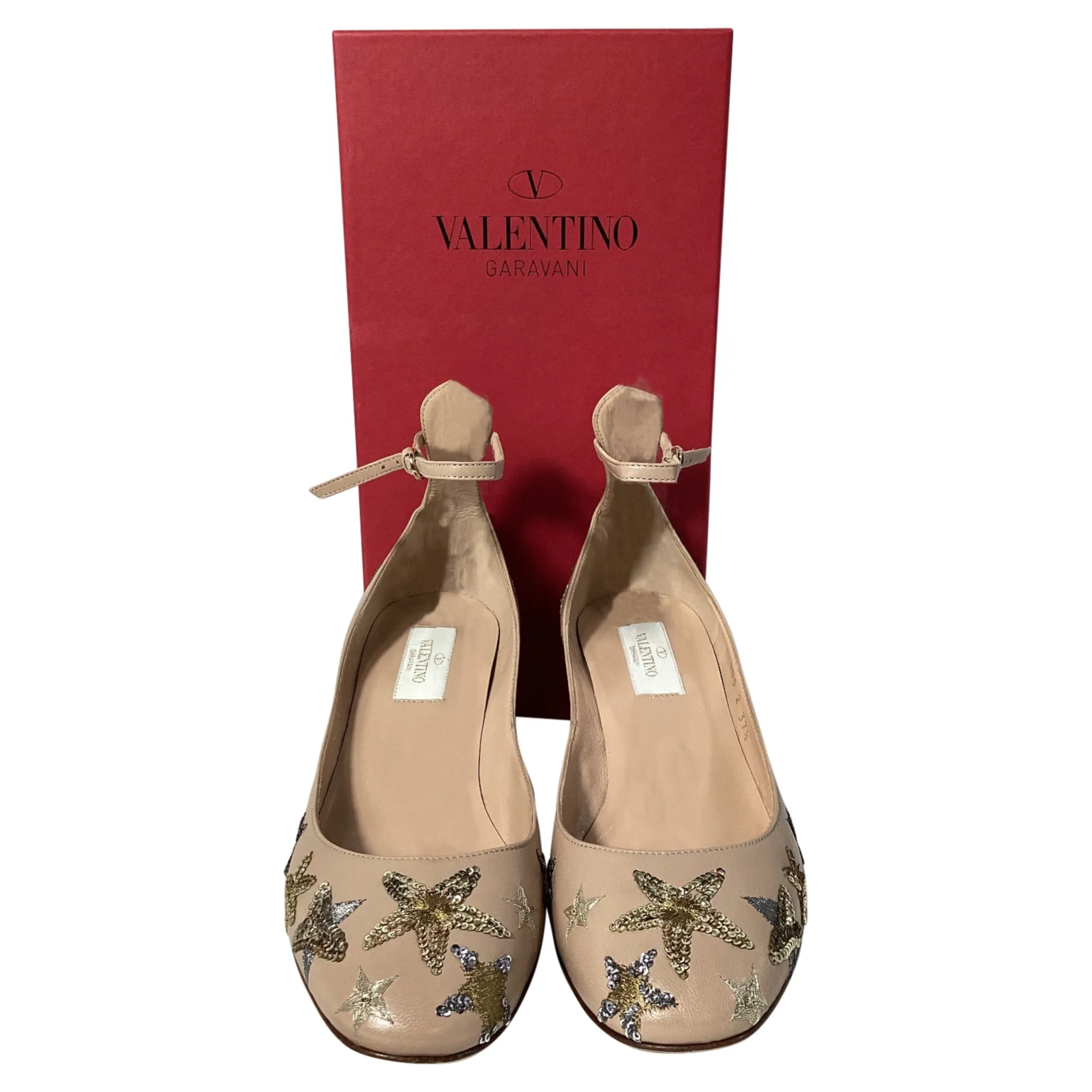 Valentino Tango Star-Studded Ankle-Strap Block Heel Pumps in Beige Leather
