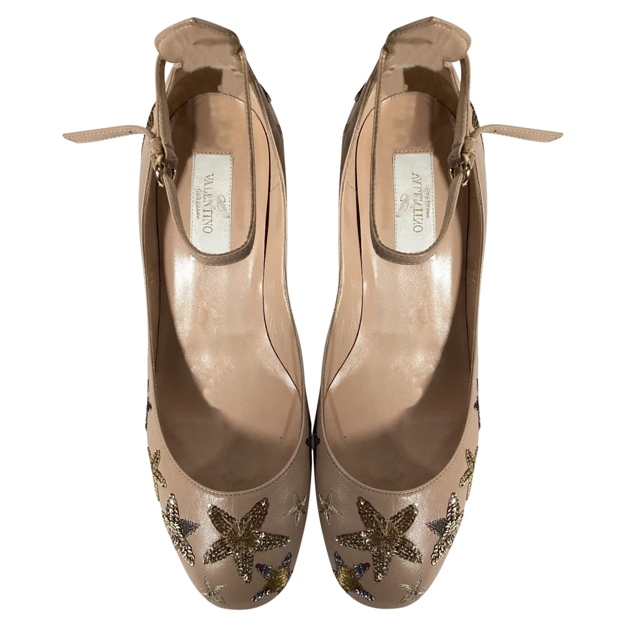 Valentino Tango Star-Studded Ankle-Strap Block Heel Pumps in Beige Leather