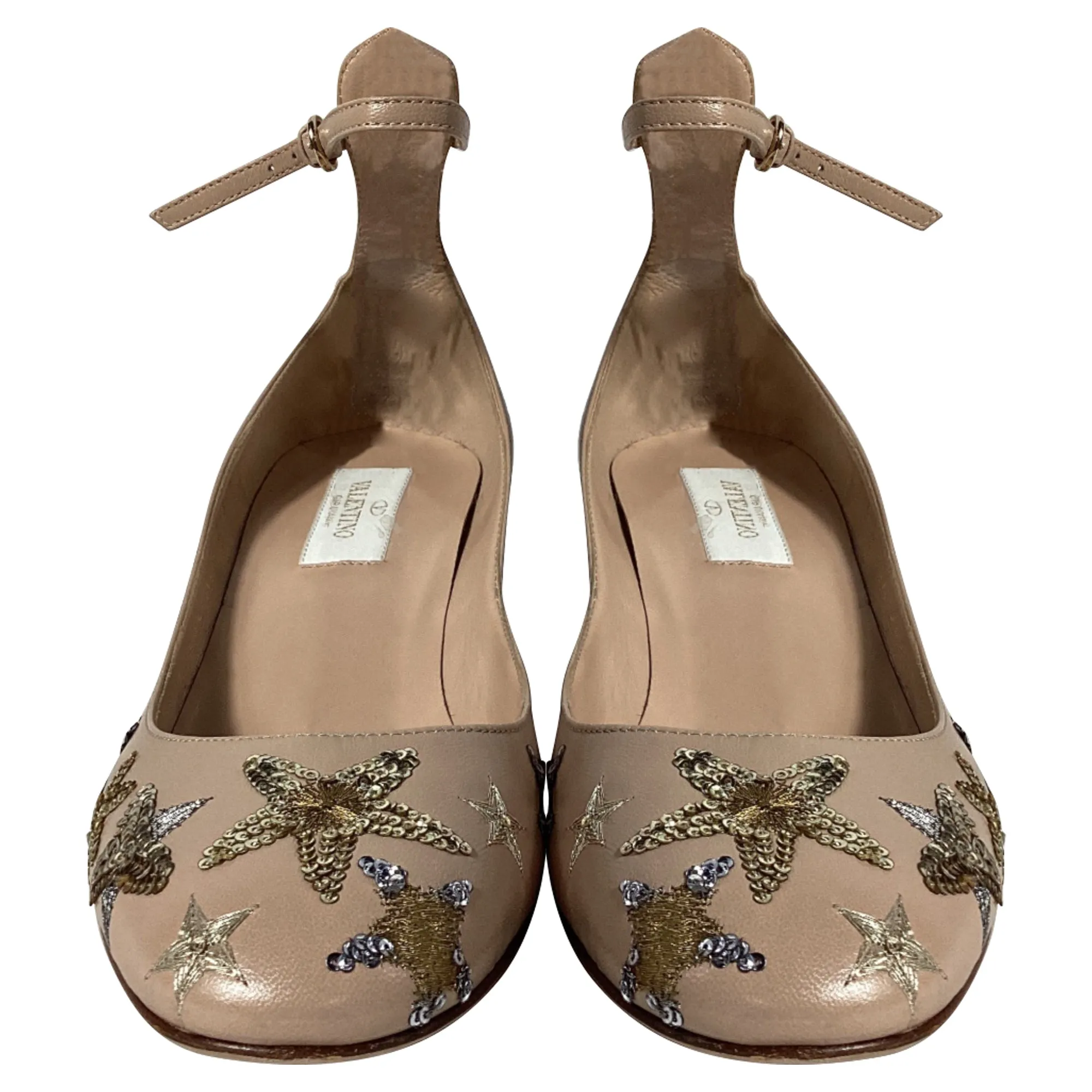 Valentino Tango Star-Studded Ankle-Strap Block Heel Pumps in Beige Leather