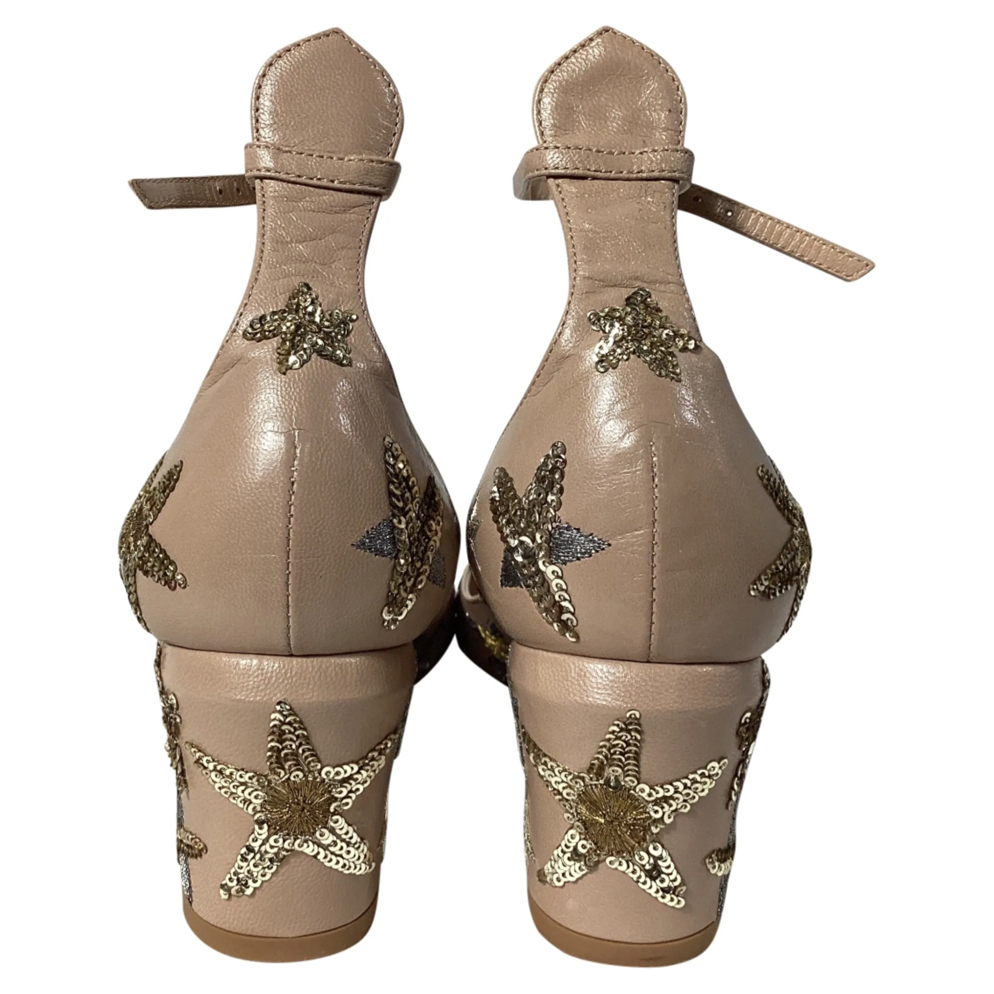 Valentino Tango Star-Studded Ankle-Strap Block Heel Pumps in Beige Leather