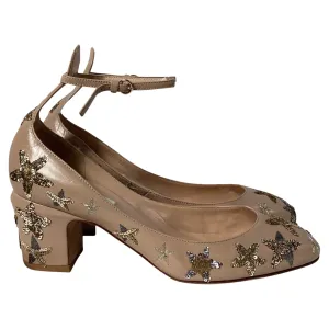 Valentino Tango Star-Studded Ankle-Strap Block Heel Pumps in Beige Leather