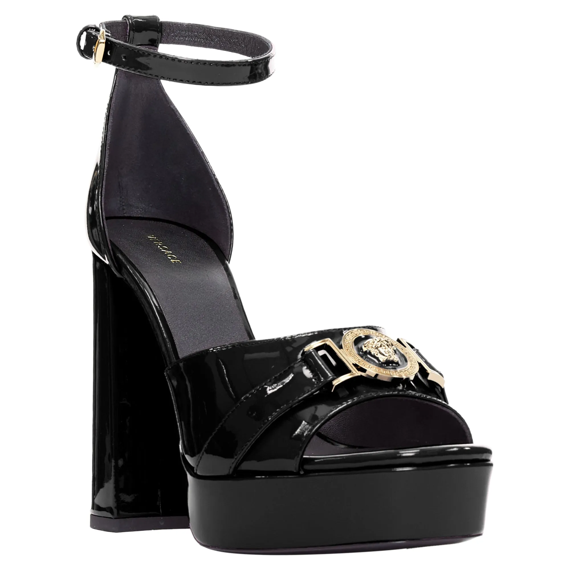 Versace Tribute Patent Medusa Open Toe Platform Sandal