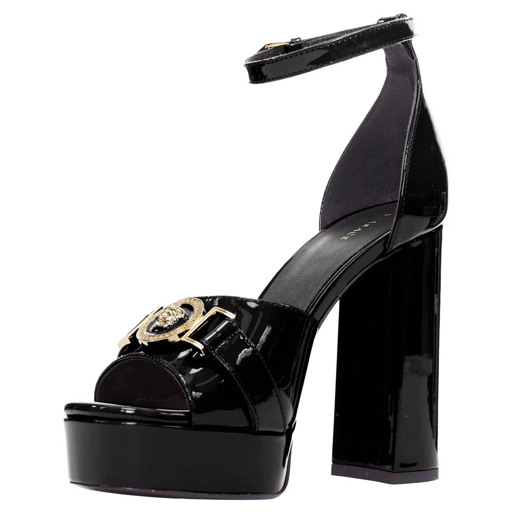 Versace Tribute Patent Medusa Open Toe Platform Sandal