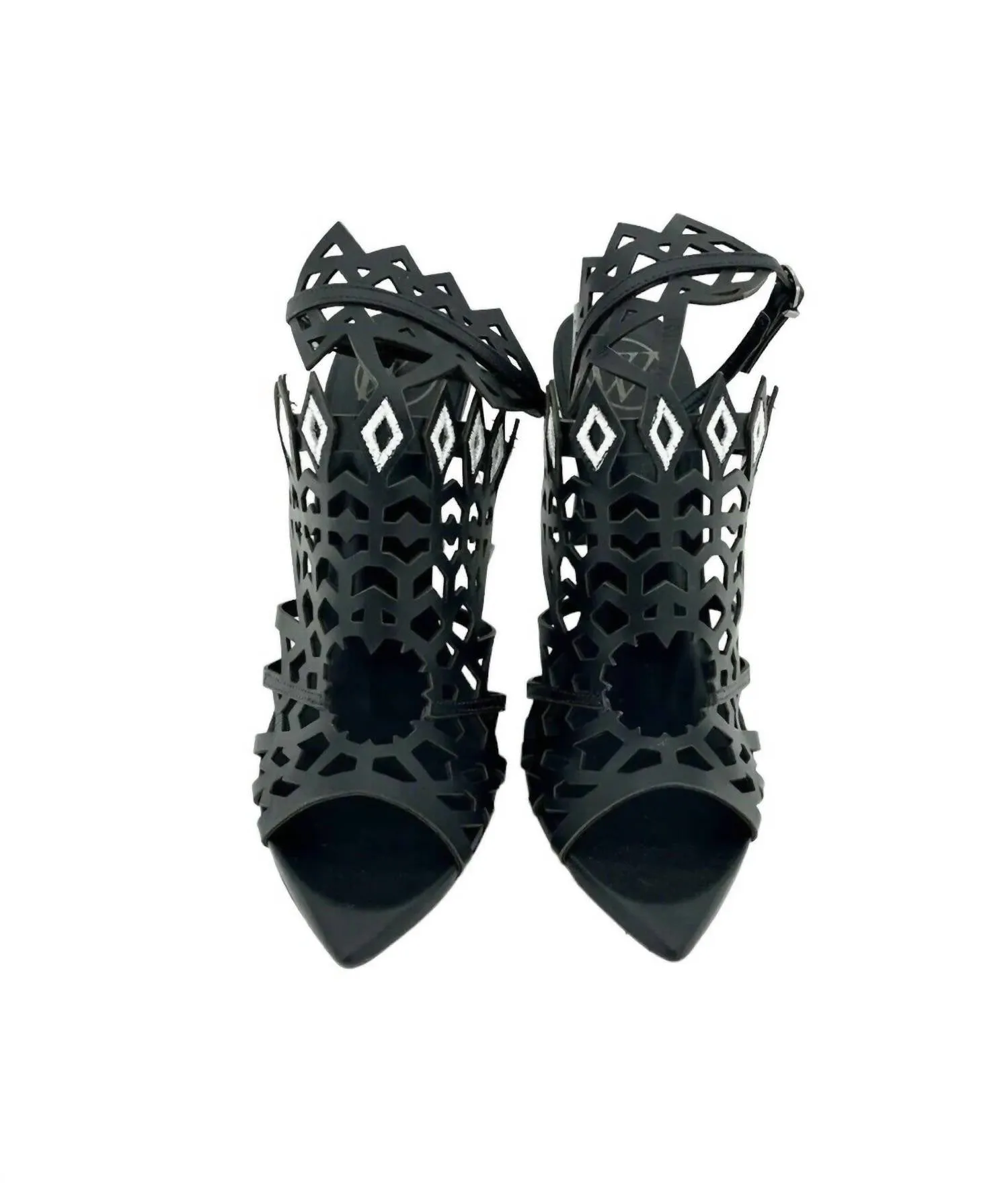 Women's Laser Cut Ankle Strap Open Toe Stiletto Heels In Black