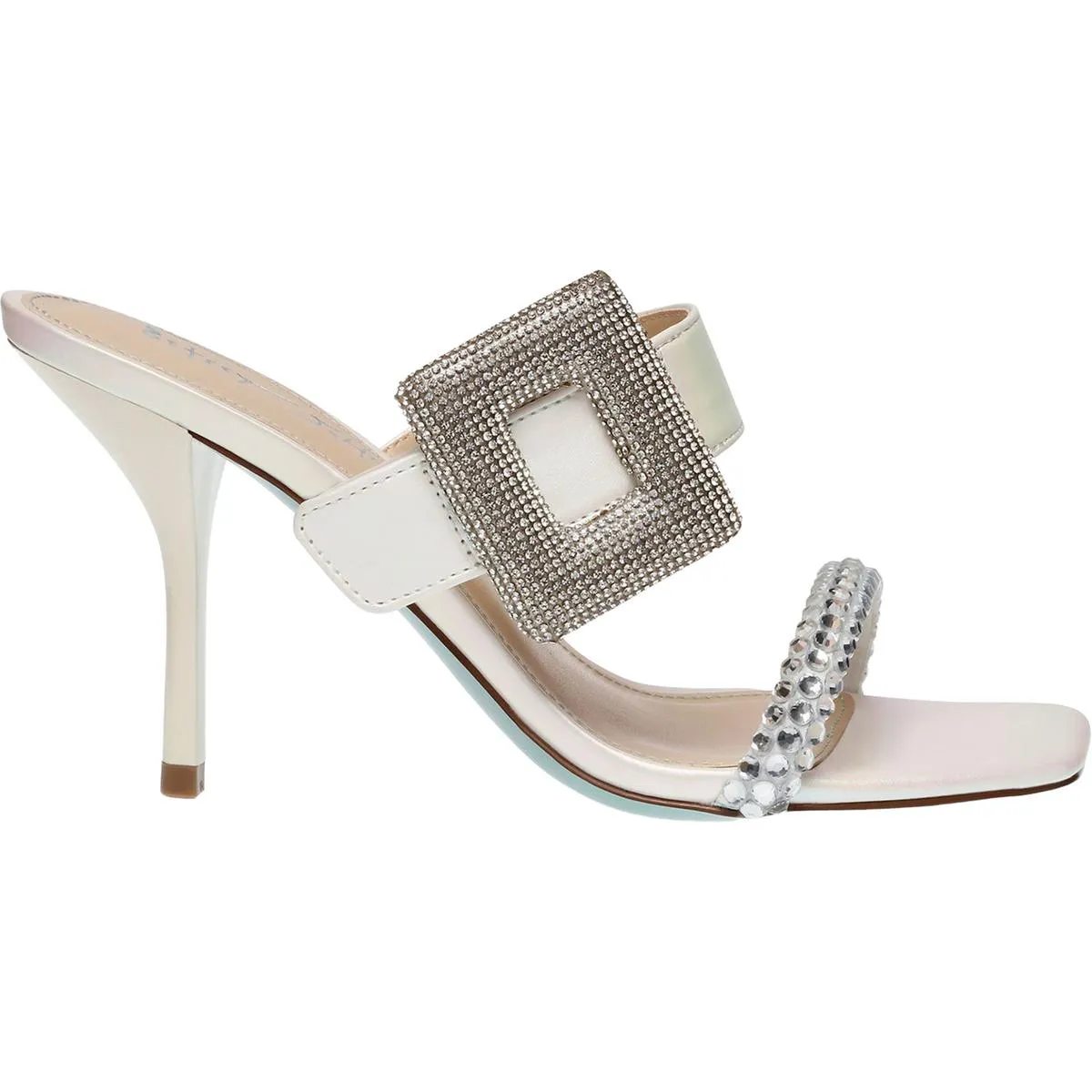 Womens Shimmer Oversized Buckle Mules